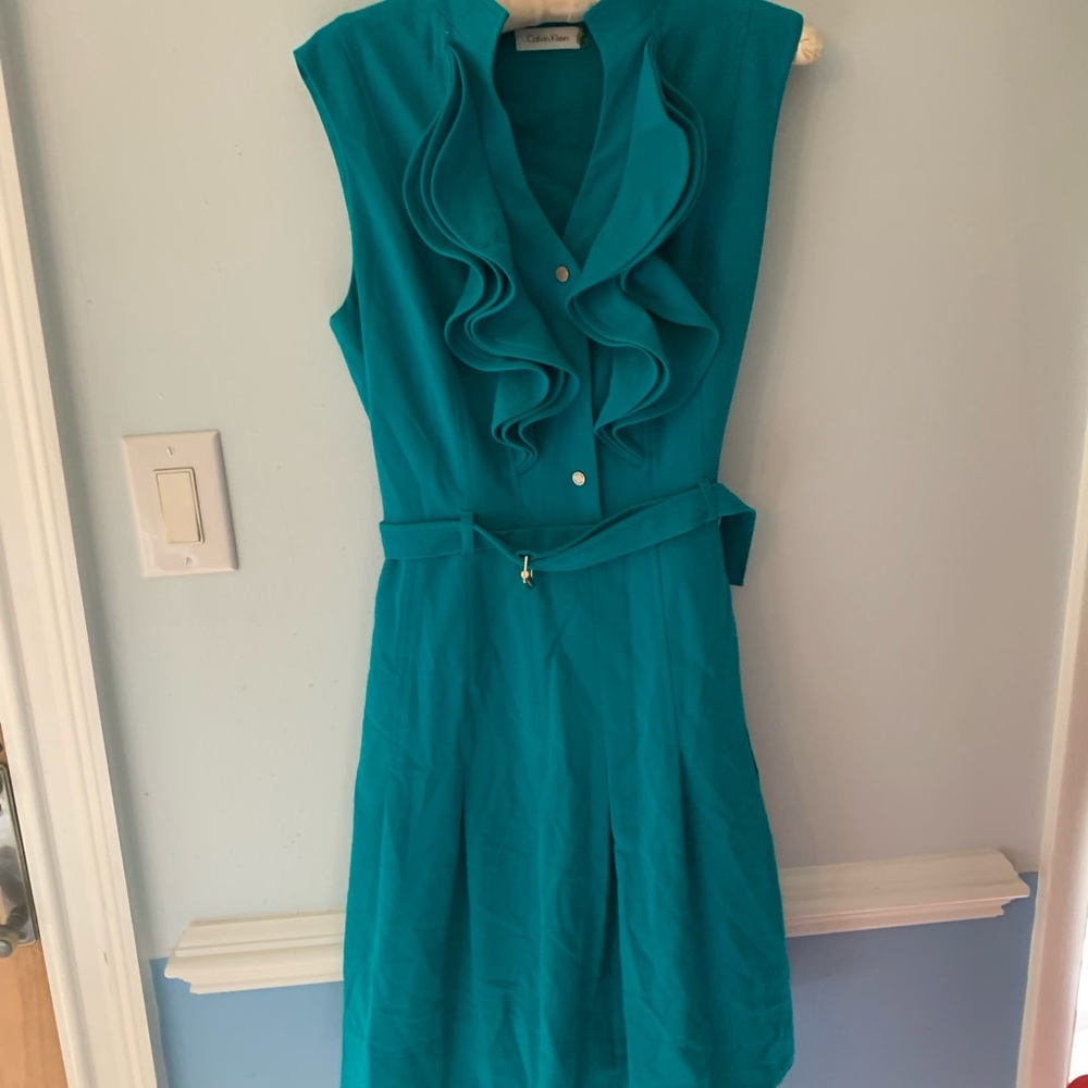 Calvin Klein Teal Ruffled and belted dress